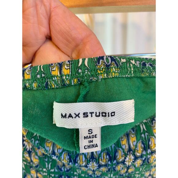 Max Studio Skirt Smocked Gathered Waist Green Floral Sheer Lined Flowy Size Sml - Picture 5 of 7